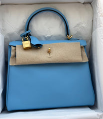 Hermes - kelly 25 swift leather - blue Celeste Gold HW
