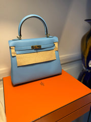Hermes - kelly 25 swift leather - blue Celeste Gold HW