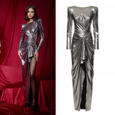 Zuhair murad - jersey lame draped long sleeve dress - metalic