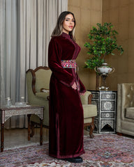 Teeb moroccan velvet kaftan - Maroon with belt - free size