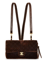 Chanel -Brown  Quilted Velvet Classic Flap Backpack - gold chain