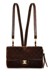 Chanel -Brown Quilted Velvet Classic Flap Backpack - gold chain