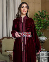 Teeb moroccan velvet kaftan - Maroon with belt - free size