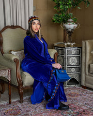 Teeb moroccan velvet kaftan - royal blue with belt - free size