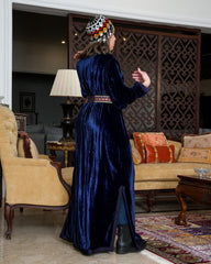 Teeb moroccan velvet kaftan - navy blue with belt - free size