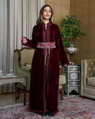 Teeb moroccan velvet kaftan - Maroon with belt - free size