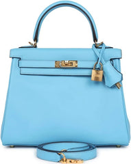 Hermes - kelly 25 swift leather - blue Celeste Gold HW