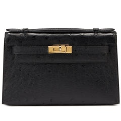 Hermes - Kelly Pochette Black Ostrich Gold Hardware