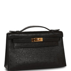 Hermes - Kelly Pochette Black Ostrich Gold Hardware