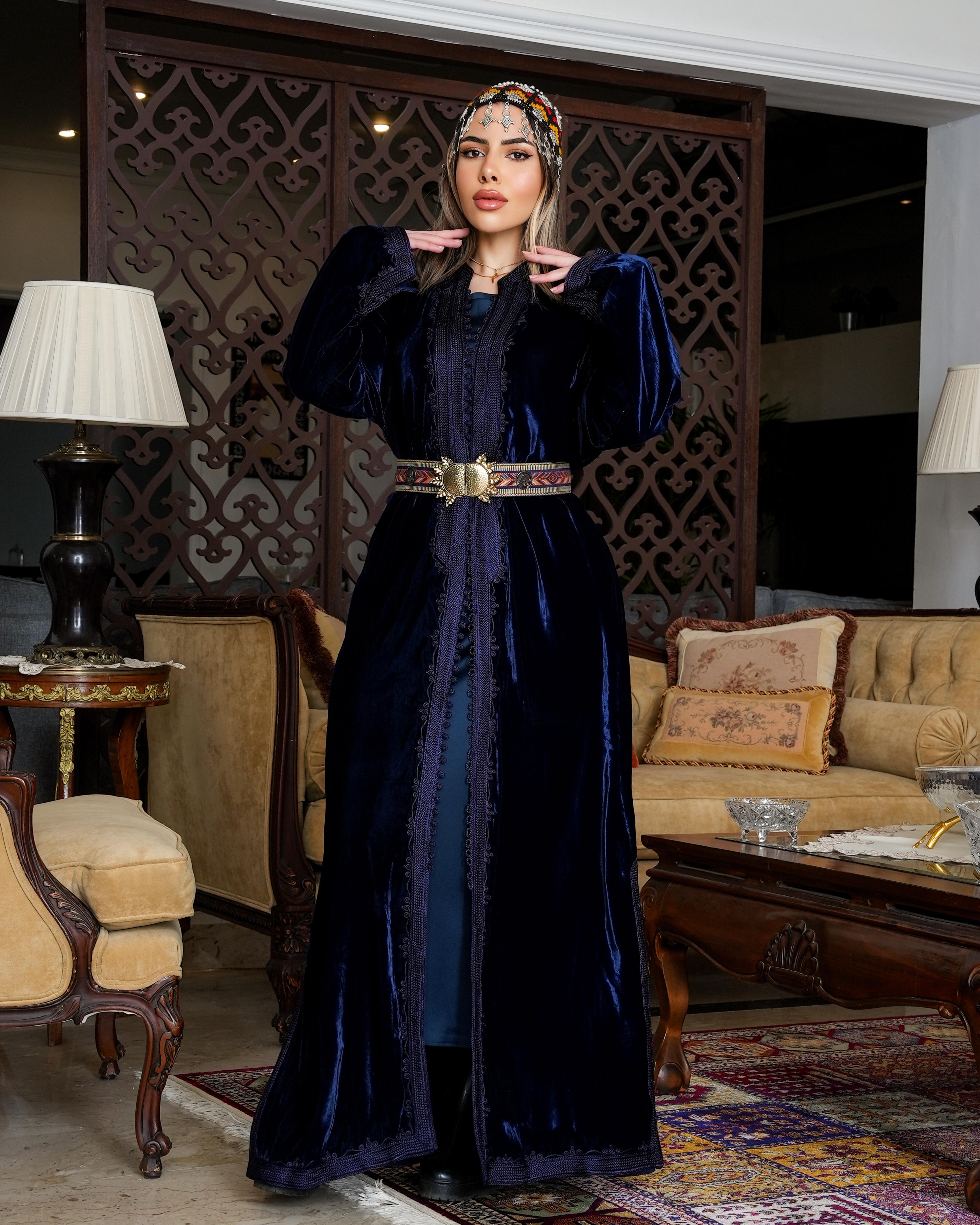 Teeb moroccan velvet  kaftan - navy  blue with belt - free size