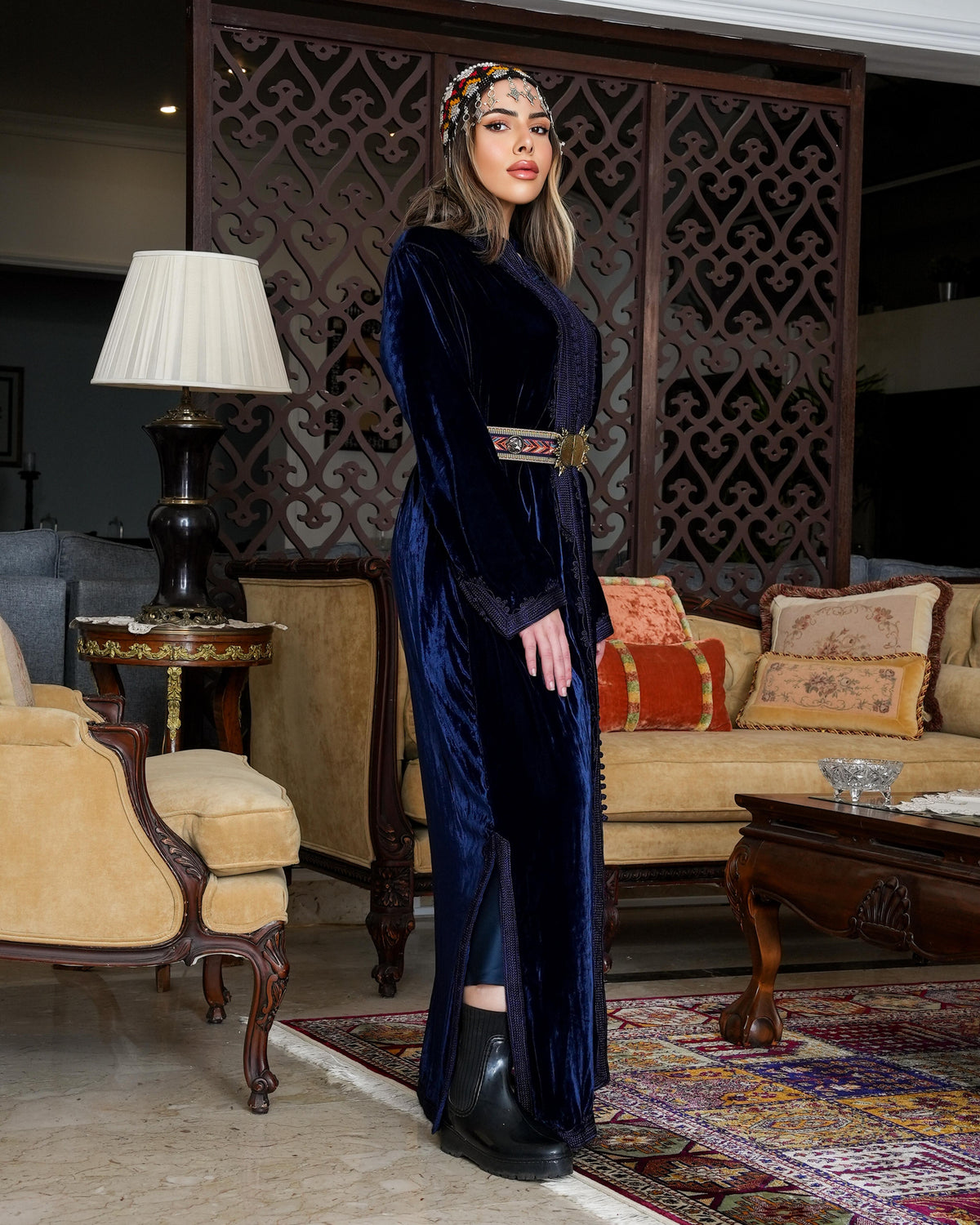 Teeb moroccan velvet  kaftan - navy  blue with belt - free size