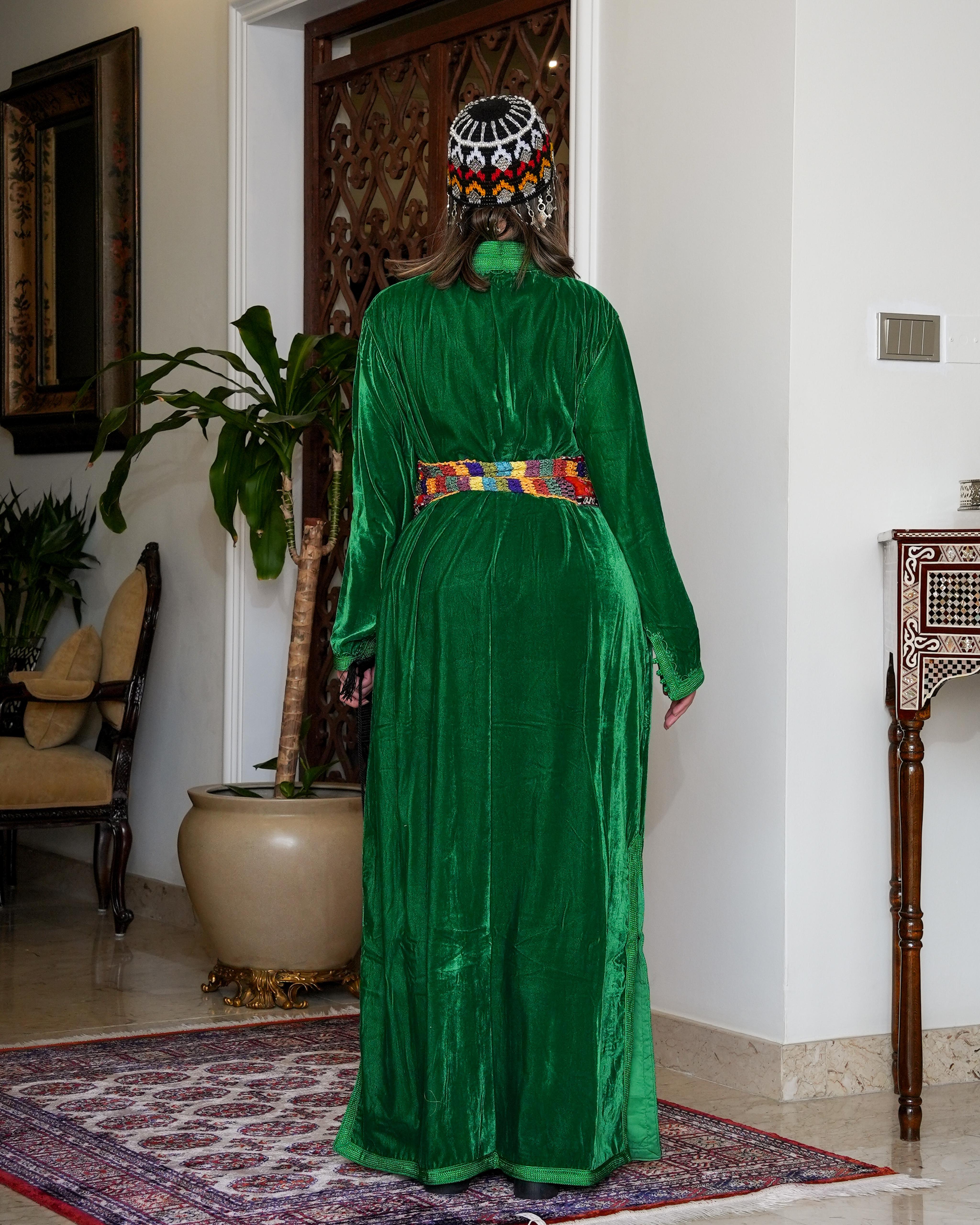 Teeb moroccan velvet  kaftan - emerald green with belt - free size