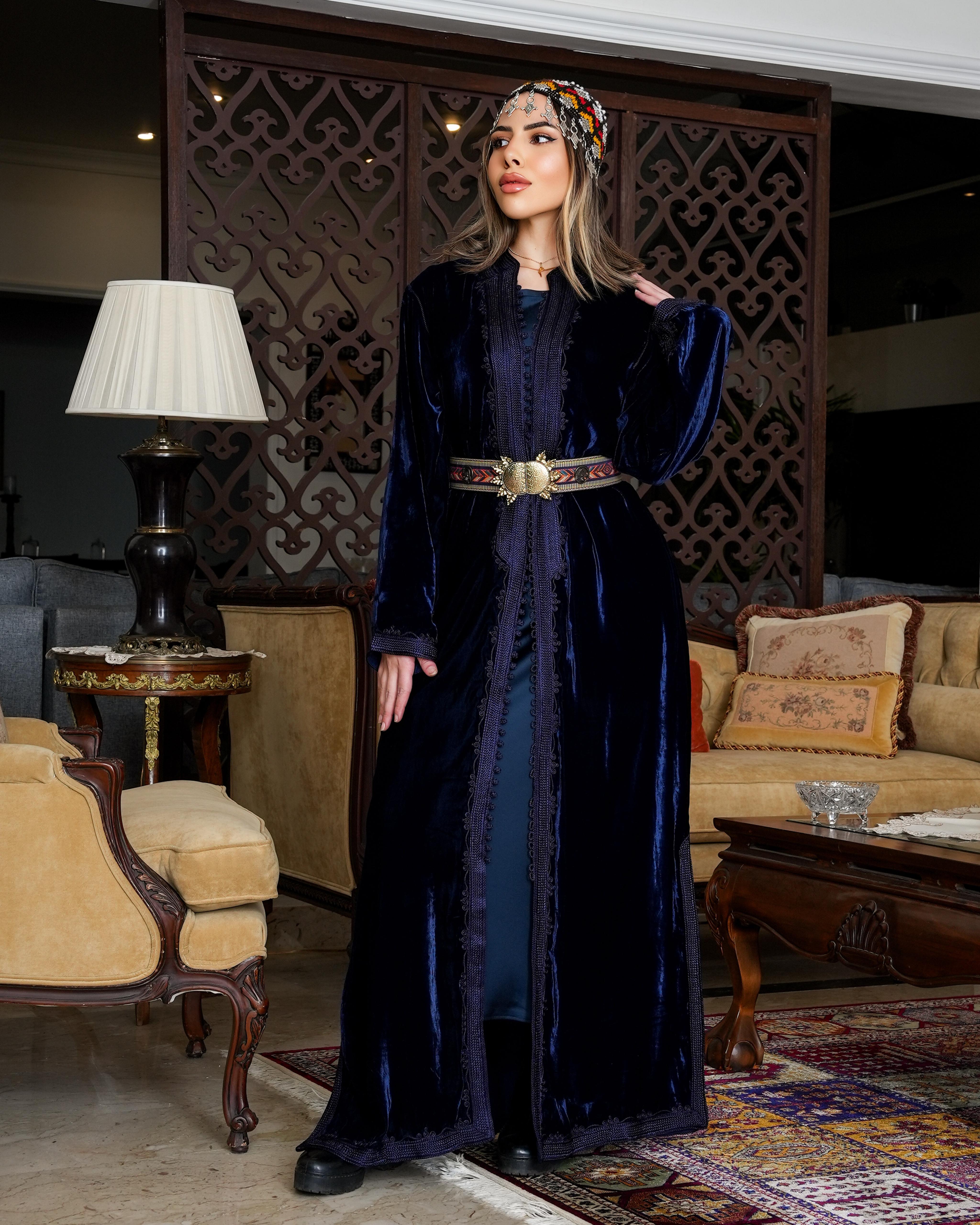 Teeb moroccan velvet  kaftan - navy  blue with belt - free size