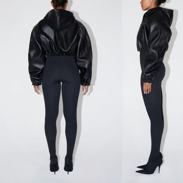 Khy - Faux leather cropped jacket - black-Kuwait Fashion – Mash Shop
