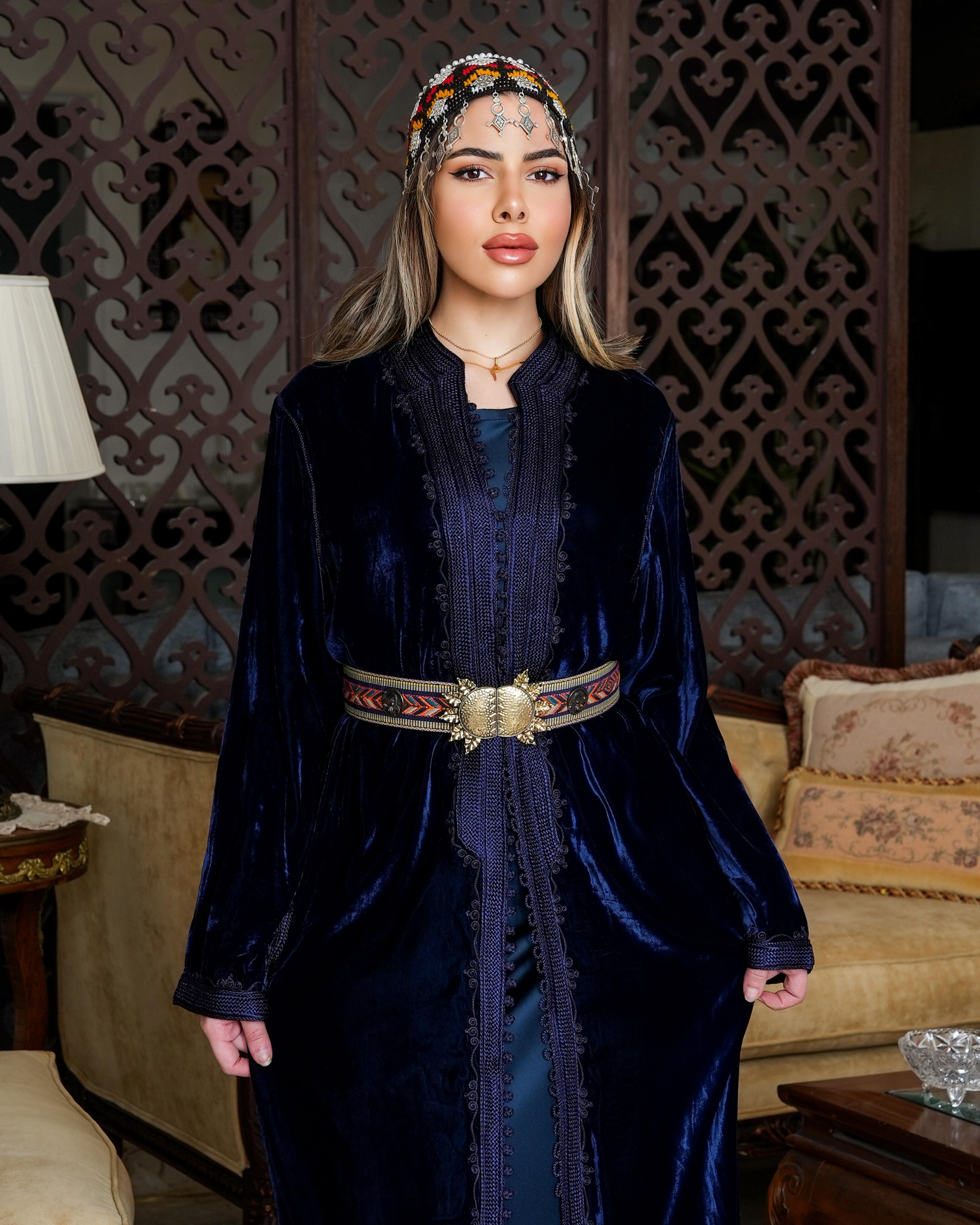 Teeb moroccan velvet  kaftan - navy  blue with belt - free size