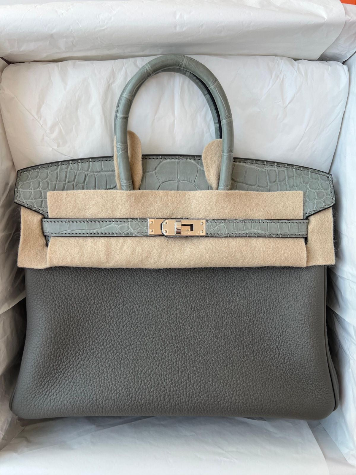 Hermes - Birken 25 Touch Gris Meyer/Gris Ciment Togo/Matte Alligator Phw