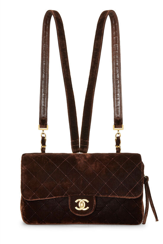 Chanel -Brown  Quilted Velvet Classic Flap Backpack - gold chain