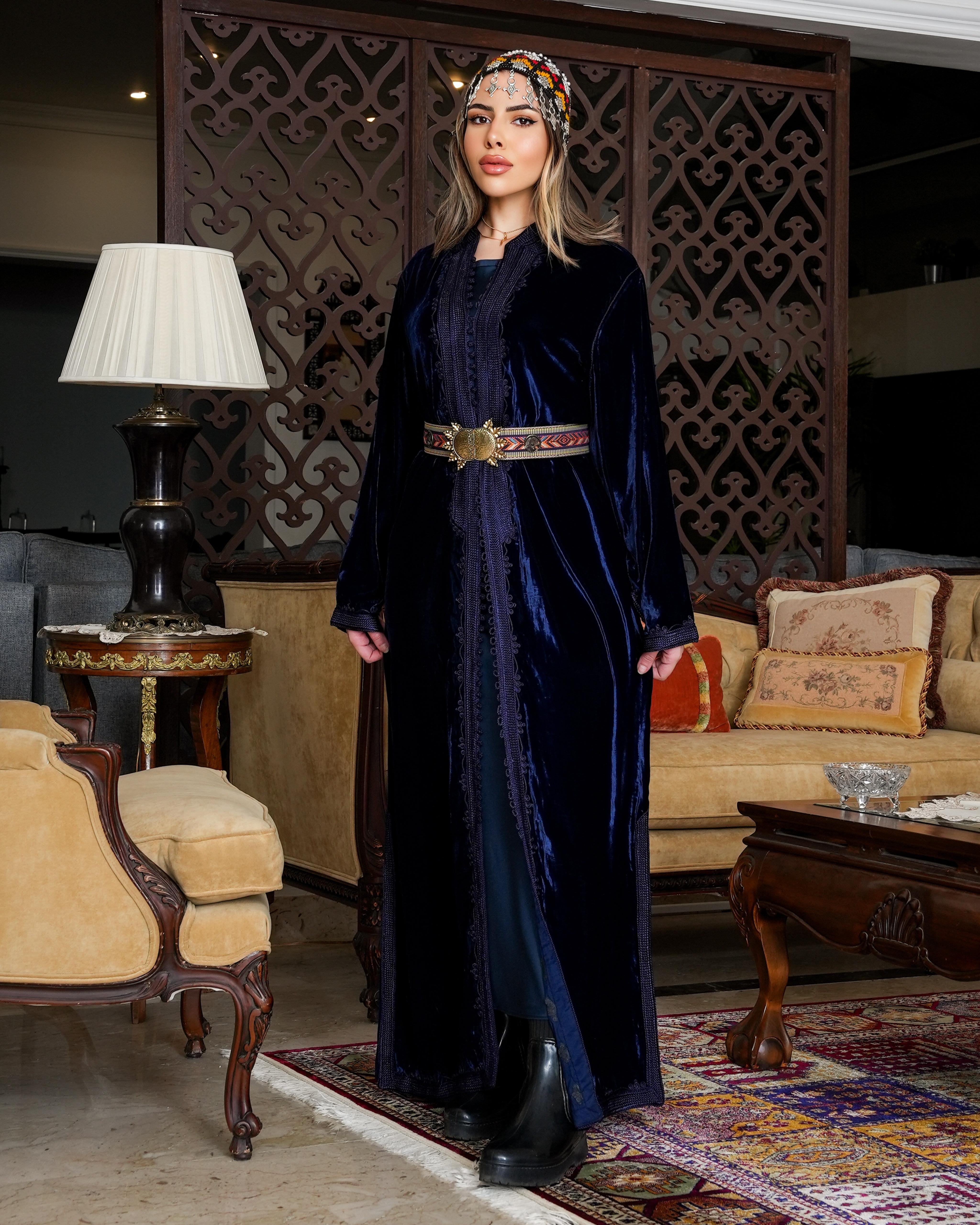 Teeb moroccan velvet  kaftan - Black with belt - free size