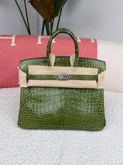 Hermes- Birkin 25  Pelouse Shiny Alligator Phw N