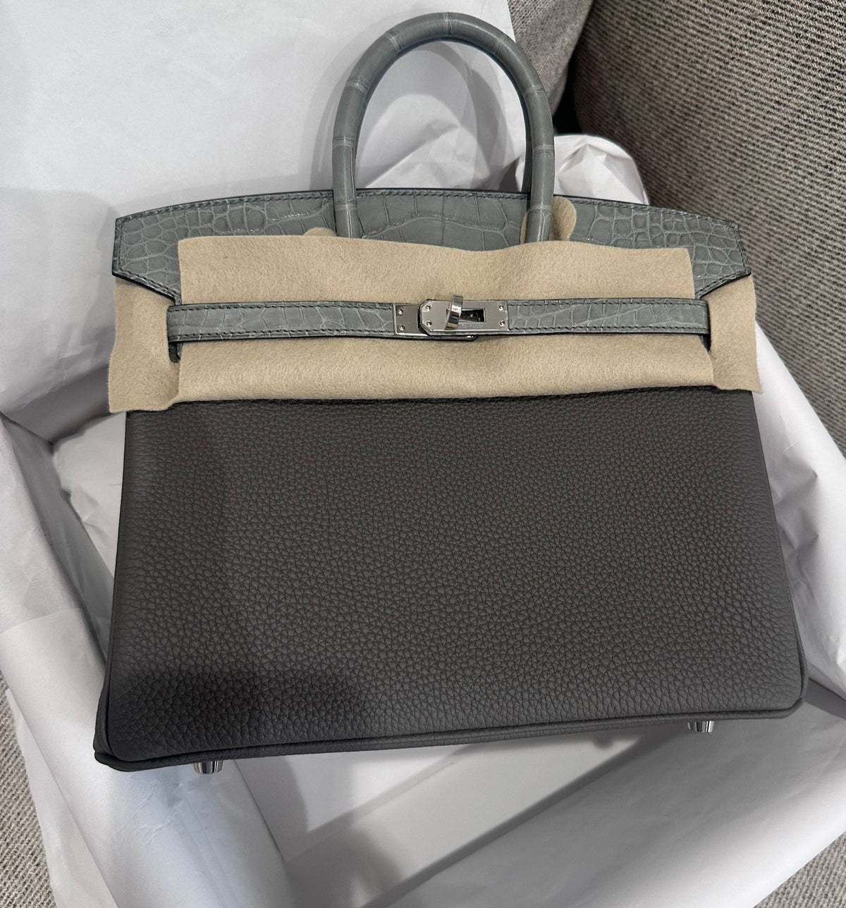 Hermes - birkin  25 Gris Meyer Togo and Gris Ciment Matte Alligator Touch