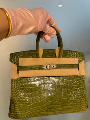 Hermes- Birkin 25  Pelouse Shiny Alligator Phw N