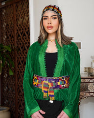 Teeb moroccan velvet  kaftan - emerald green with belt - free size