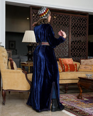 Teeb moroccan velvet  kaftan - navy  blue with belt - free size