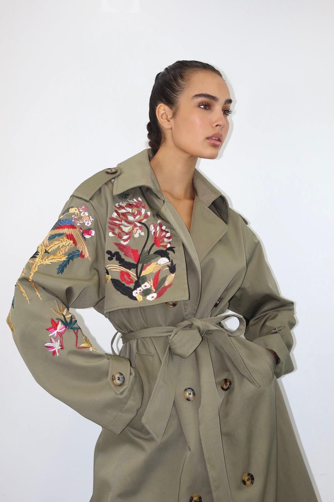 HR - trench coat - embroidered - Olive color