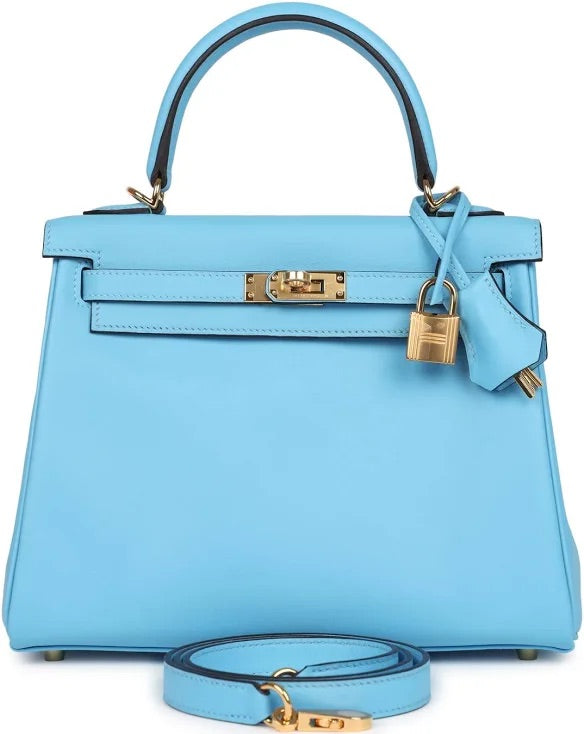 Hermes - kelly 25 swift leather - blue Celeste Gold HW