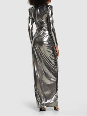 Zuhair murad - jersey lame  draped long sleeve dress - metalic