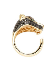EF - 14K Yellow Gold, Black Diamond & Emerald Panther Open Ring