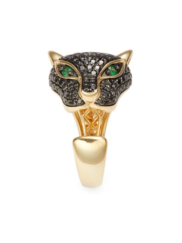 EF - 14K Yellow Gold, Black Diamond & Emerald Panther Open Ring