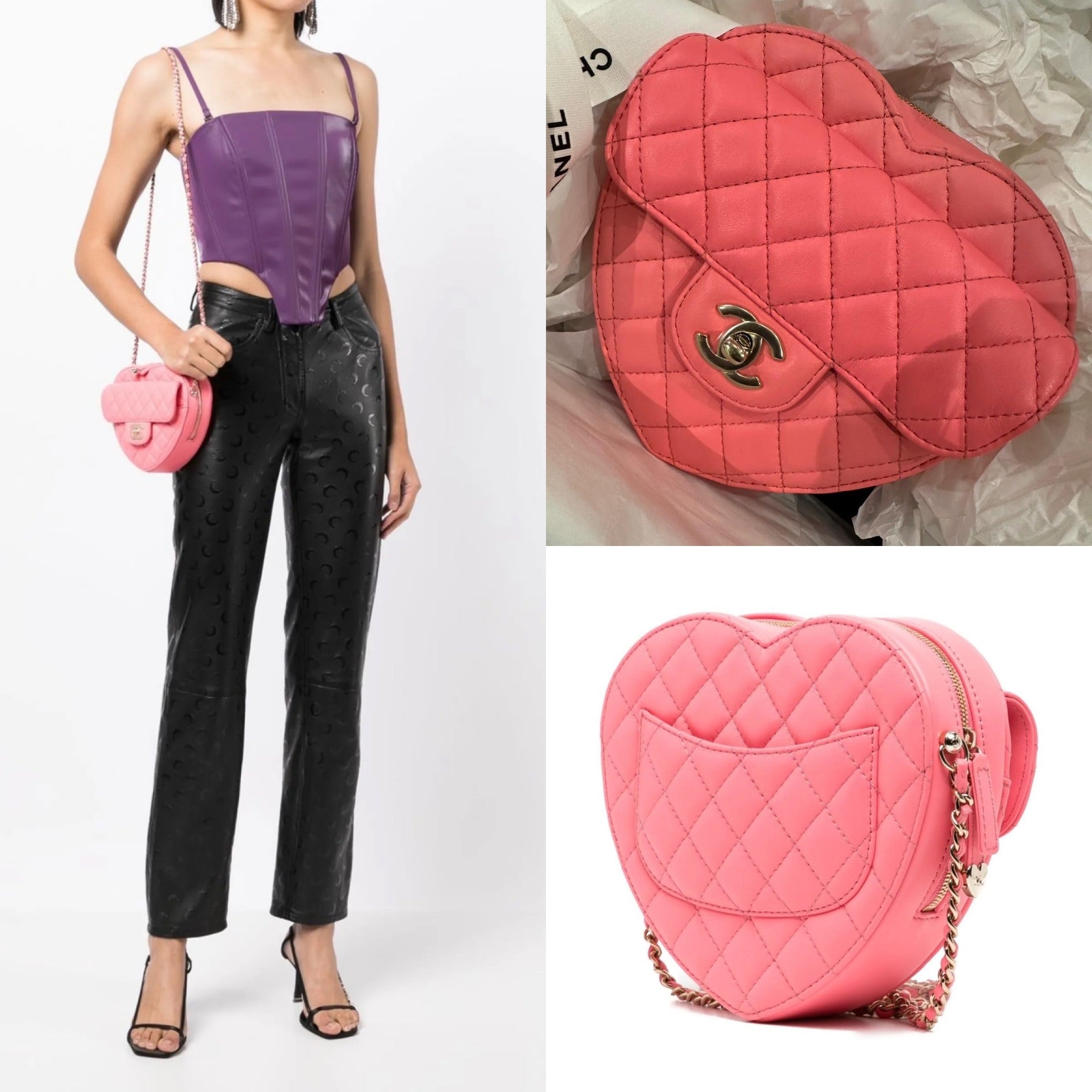 Chanel - timeless heart shape crossbody bag - M size - pink