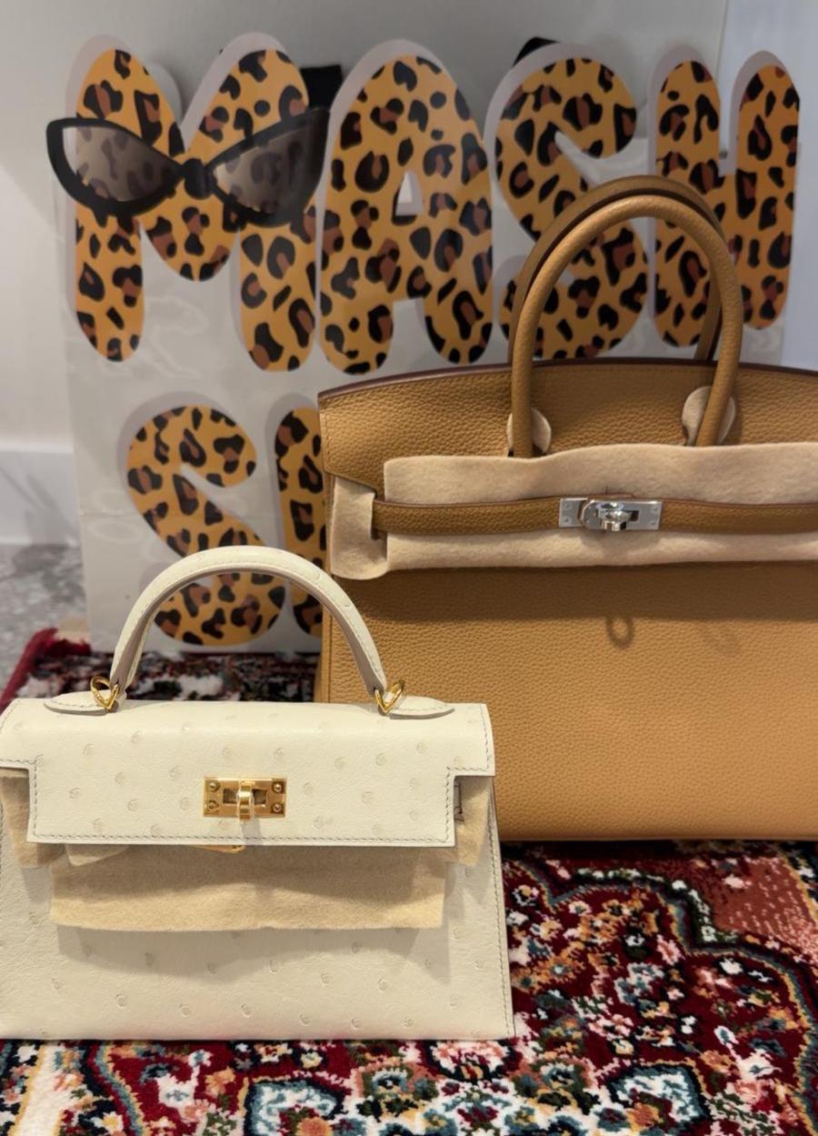 Hermes - ostrich mini kelly 20 - Beton - gold HW